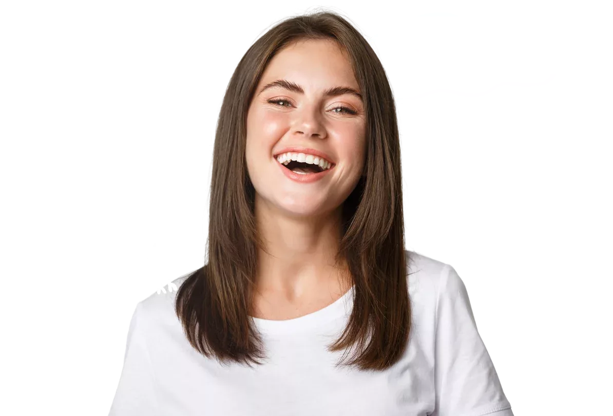 Woman smiling with playful background illustration