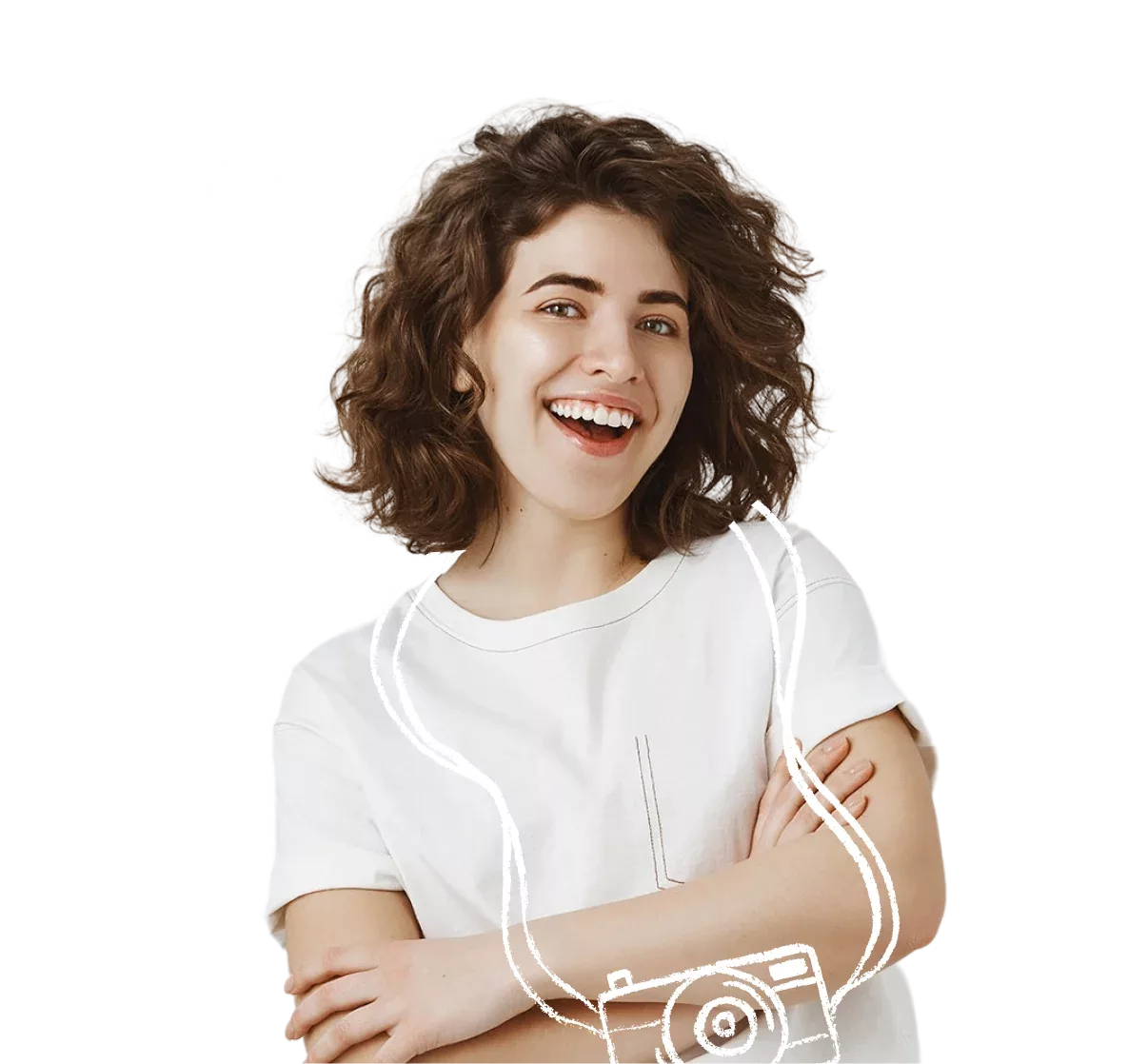 Smiling woman with playful illustration